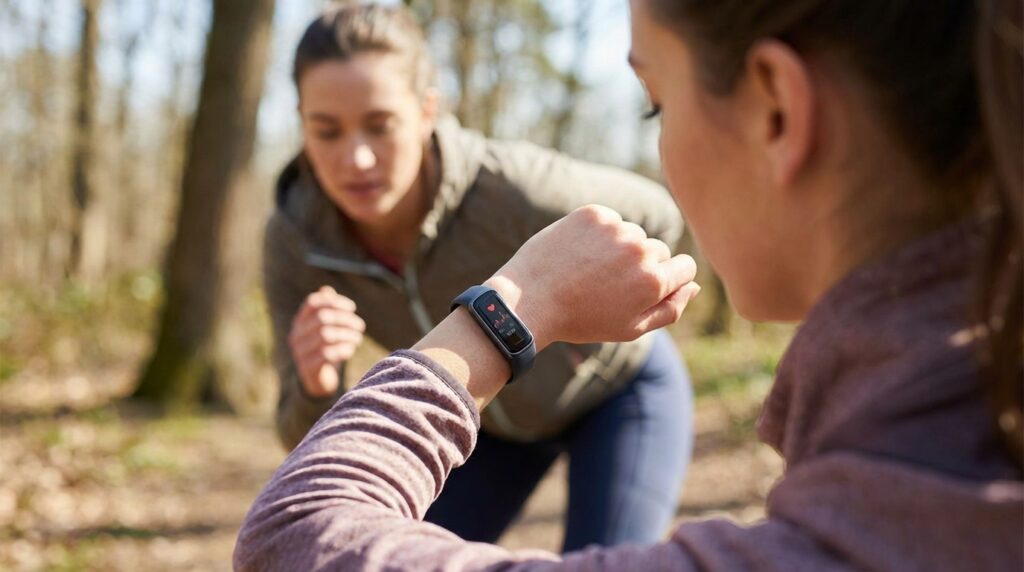 Fitness trackers monitoring health.